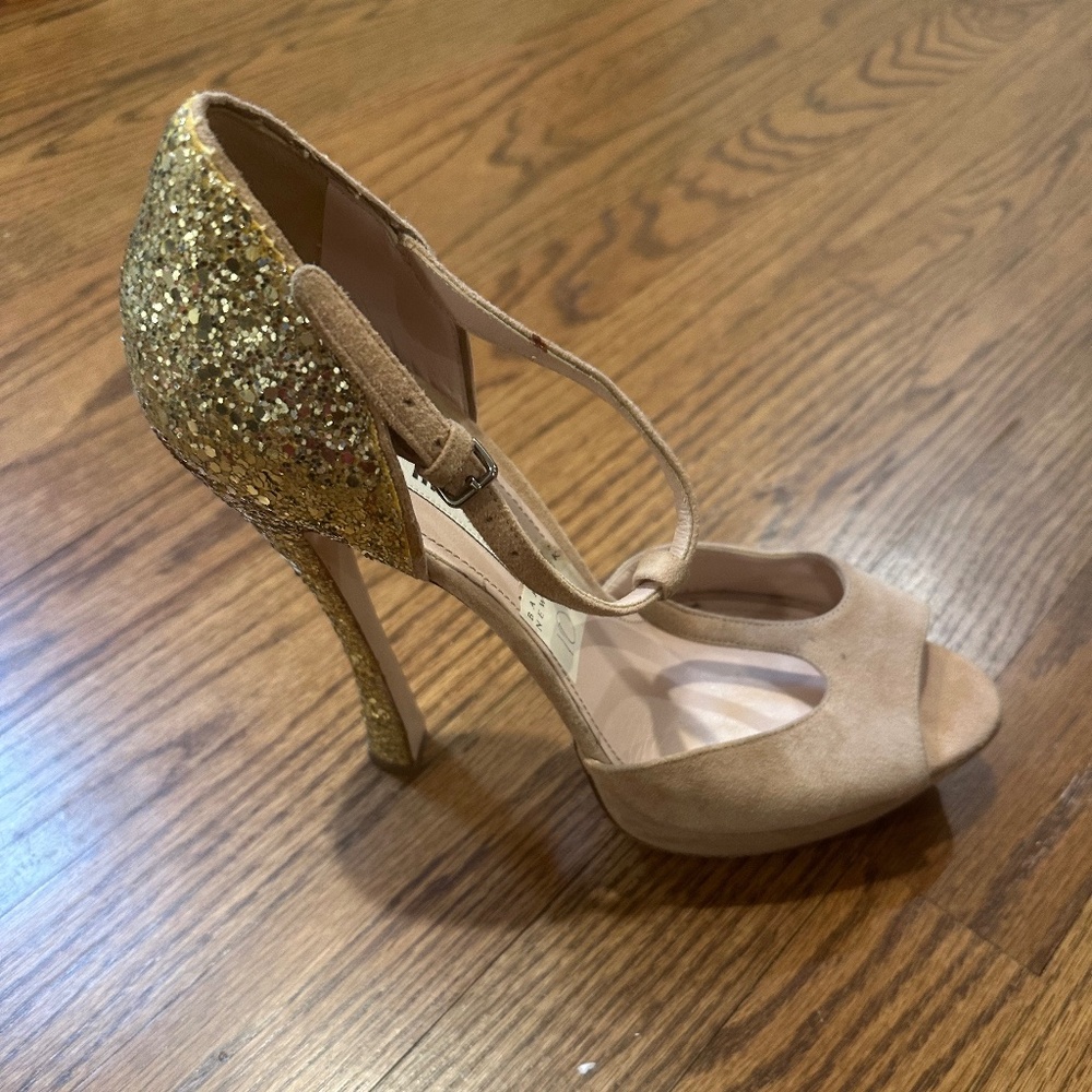 Sparkly Miu Miu Gold & Suede Platform Sandals Siz… - image 2